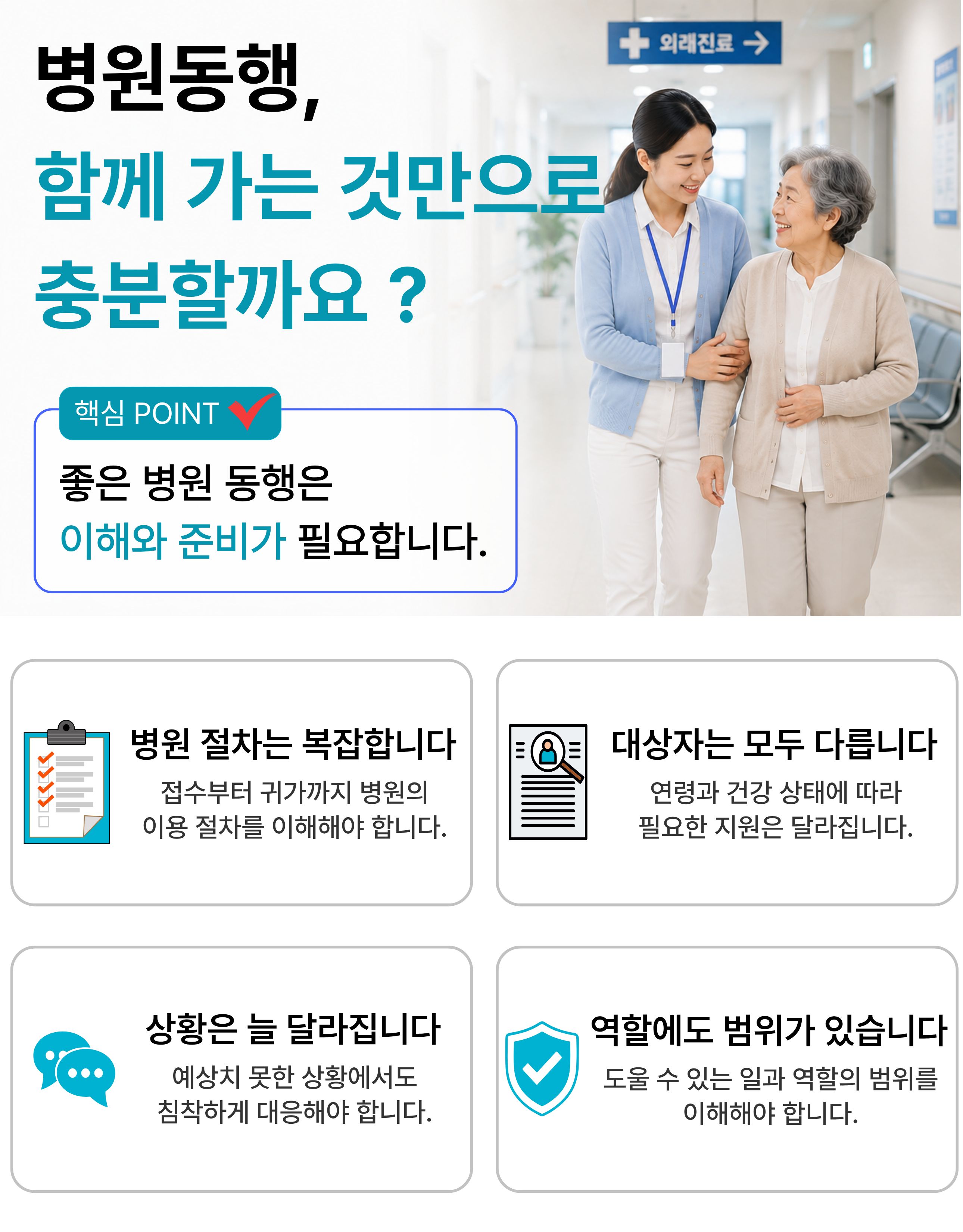 병원동행매니저는 병원 이용 절차와 대상자 특성을 이해하고 안전한 병원 이용을 지원하는 역할을 배우는 과정